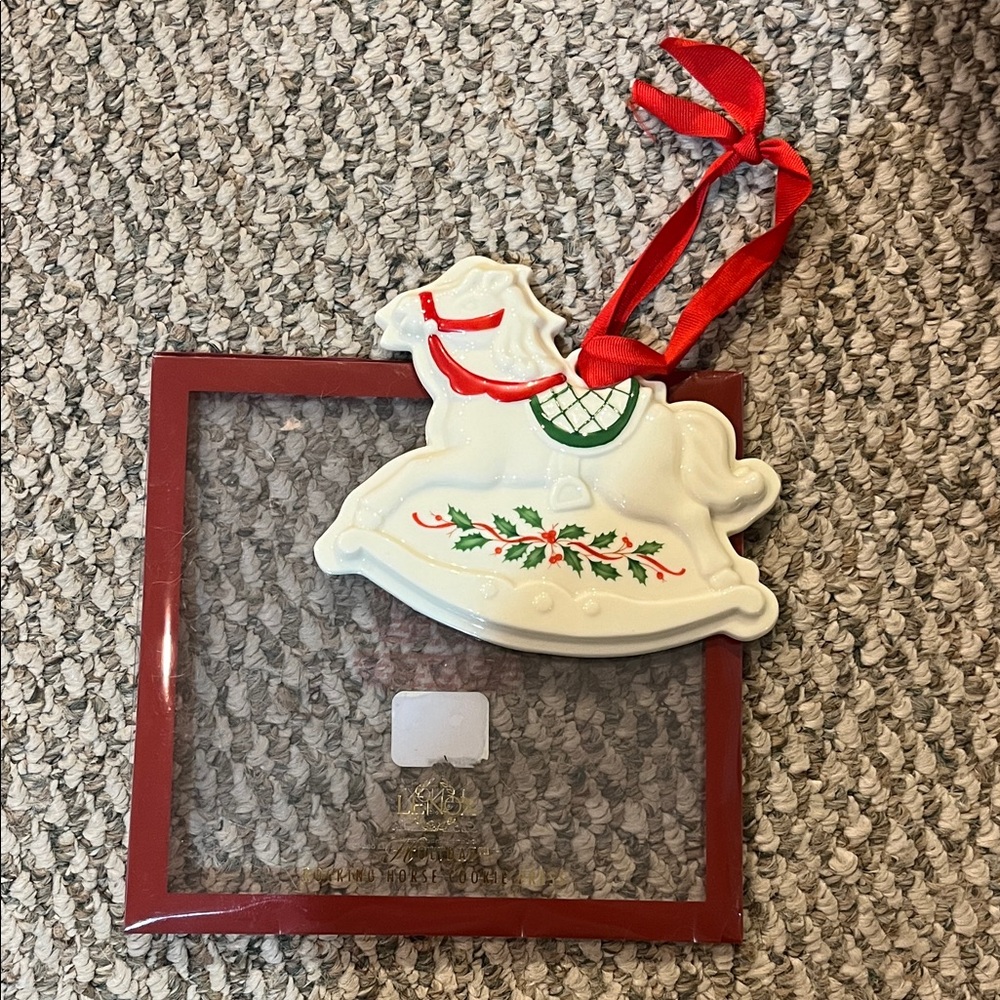 Lenox White Rocking Horse Ornament with Red and Green Accents